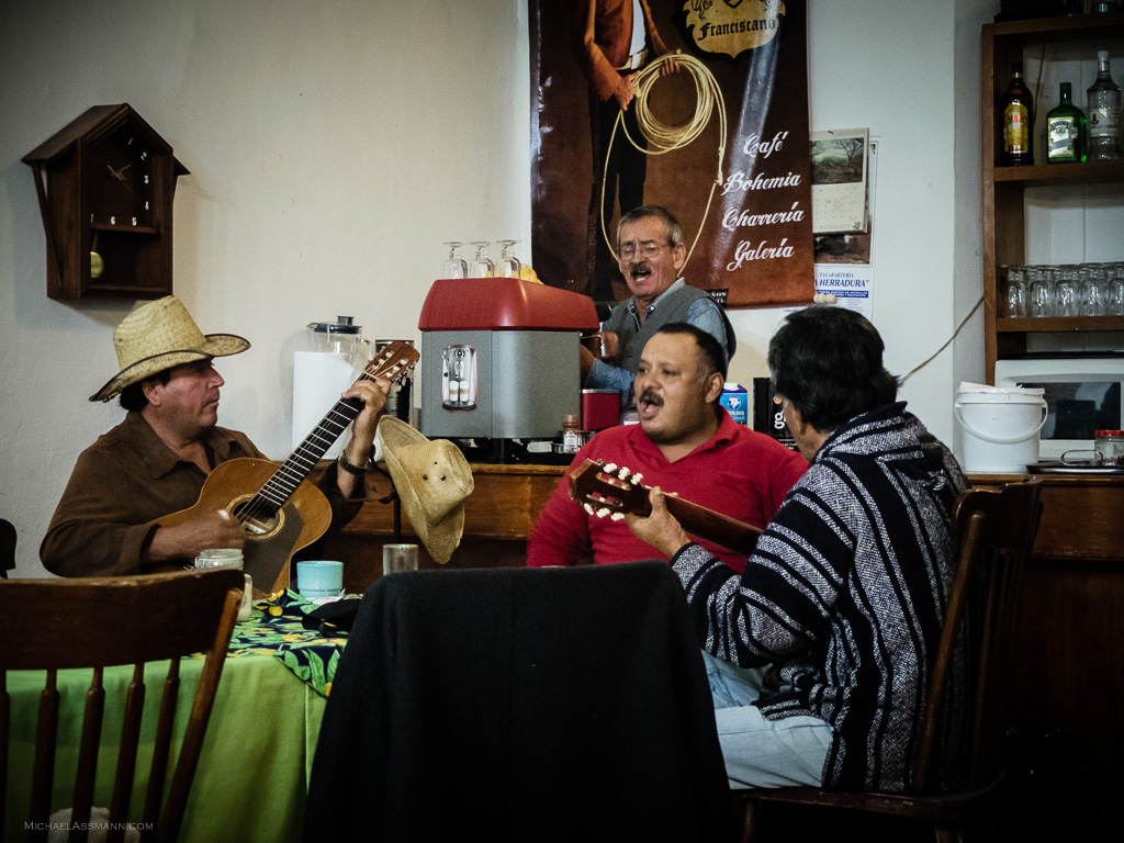 Local Mexican musicians enjoy their music in a restaurant in the old part of Sahagun, Mexico